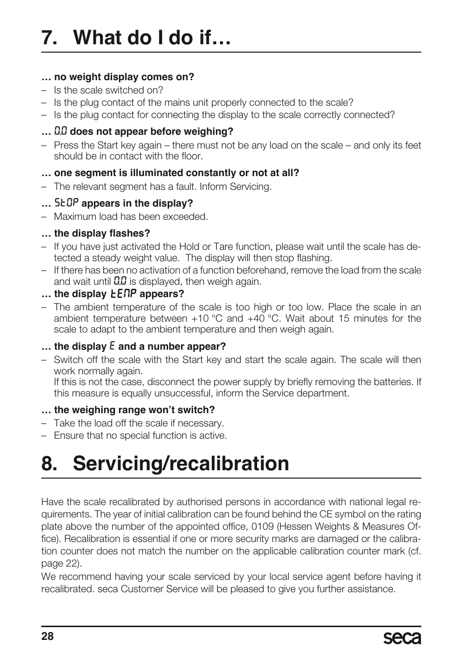What do i do if, Servicing/recalibration | Seca 635 User Manual | Page 28 / 188