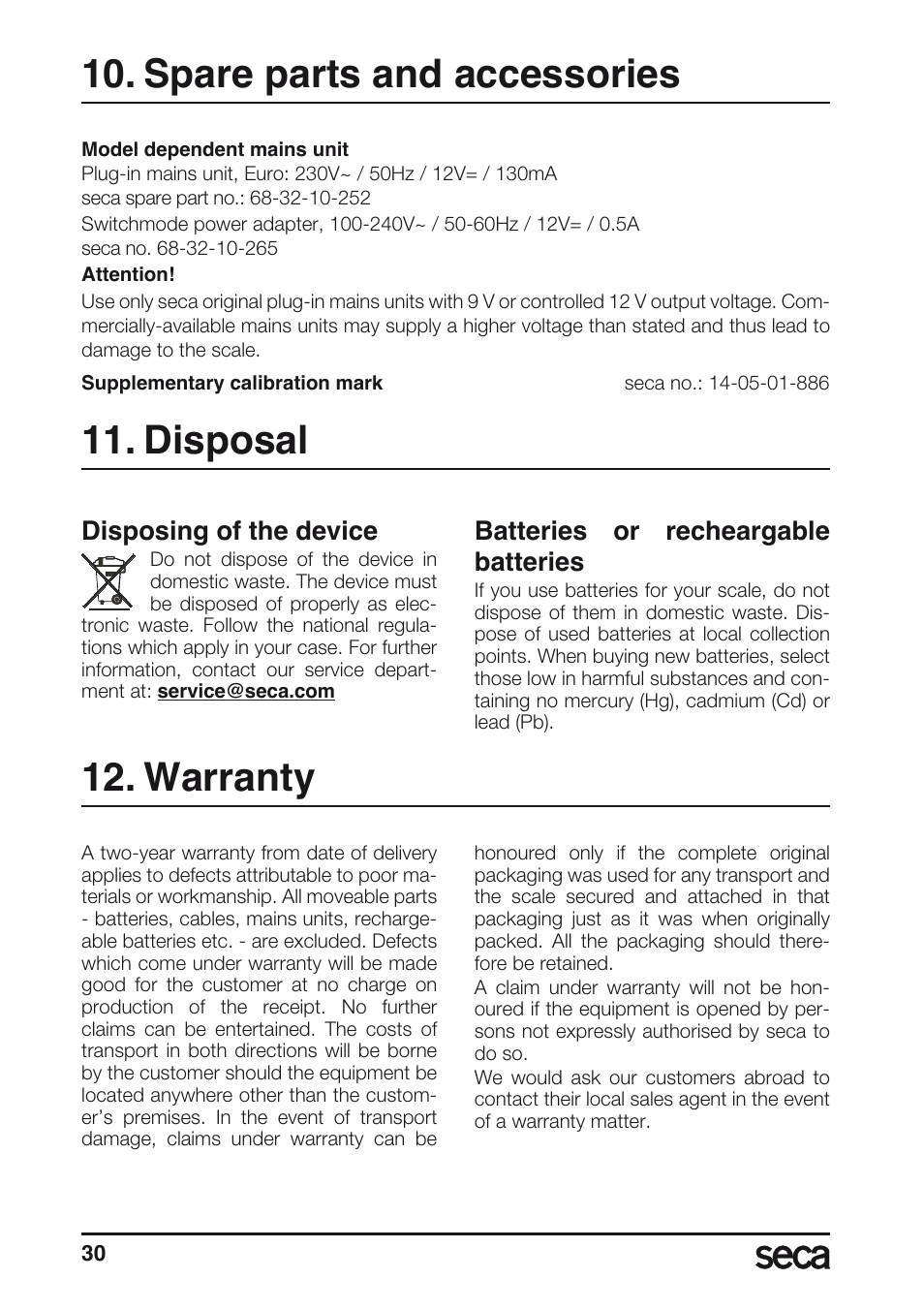 Spare parts and accessories, Disposal, Batteries | Warranty, Disposing of the device, Batteries or recheargable batteries | Seca 635 User Manual | Page 30 / 188