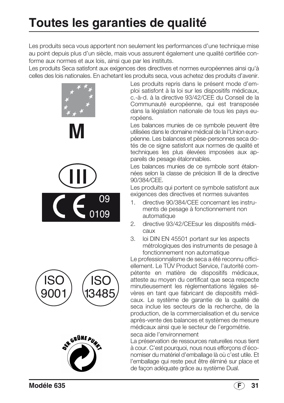 Français, Toutes les garanties de qualité | Seca 635 User Manual | Page 31 / 188