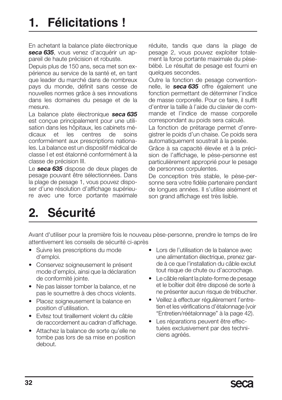 Félicitations, Sécurité | Seca 635 User Manual | Page 32 / 188