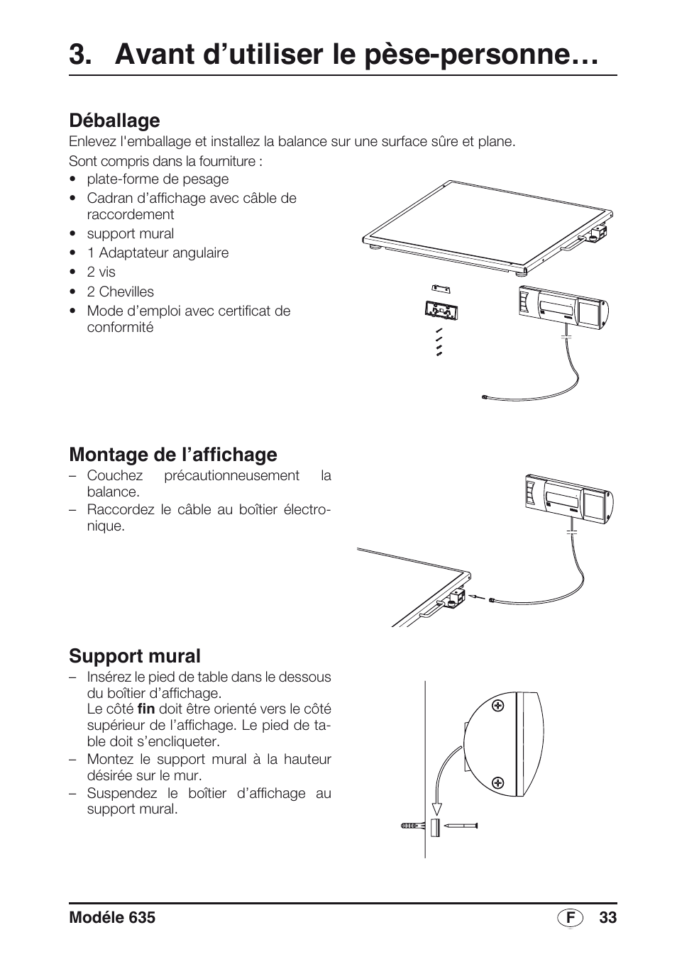 Avant d’utiliser le pèse-personne, Déballage, Montage de l’affichage | Support mural | Seca 635 User Manual | Page 33 / 188