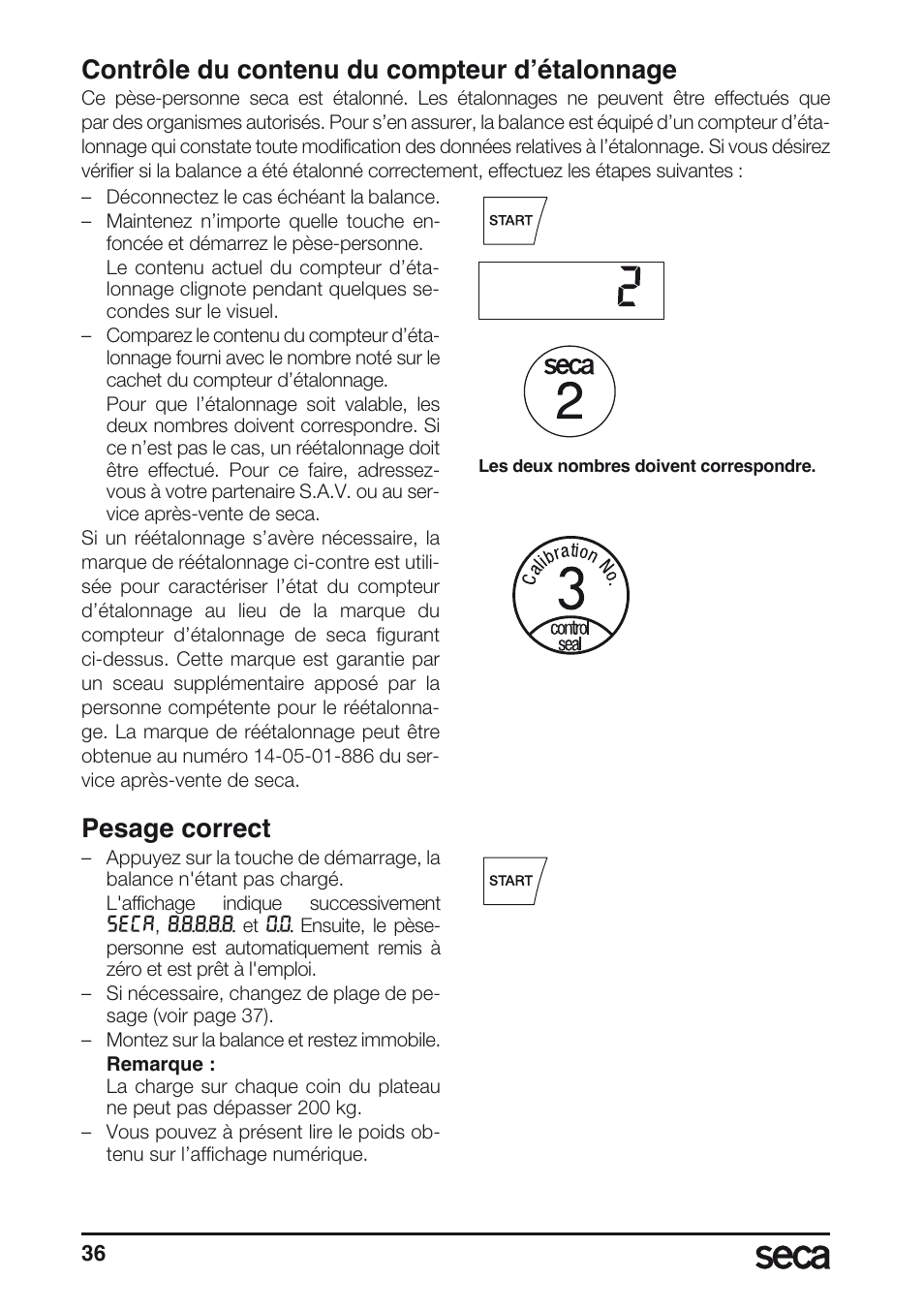 Contrôle du contenu du compteur d’étalonnage, Pesage correct | Seca 635 User Manual | Page 36 / 188