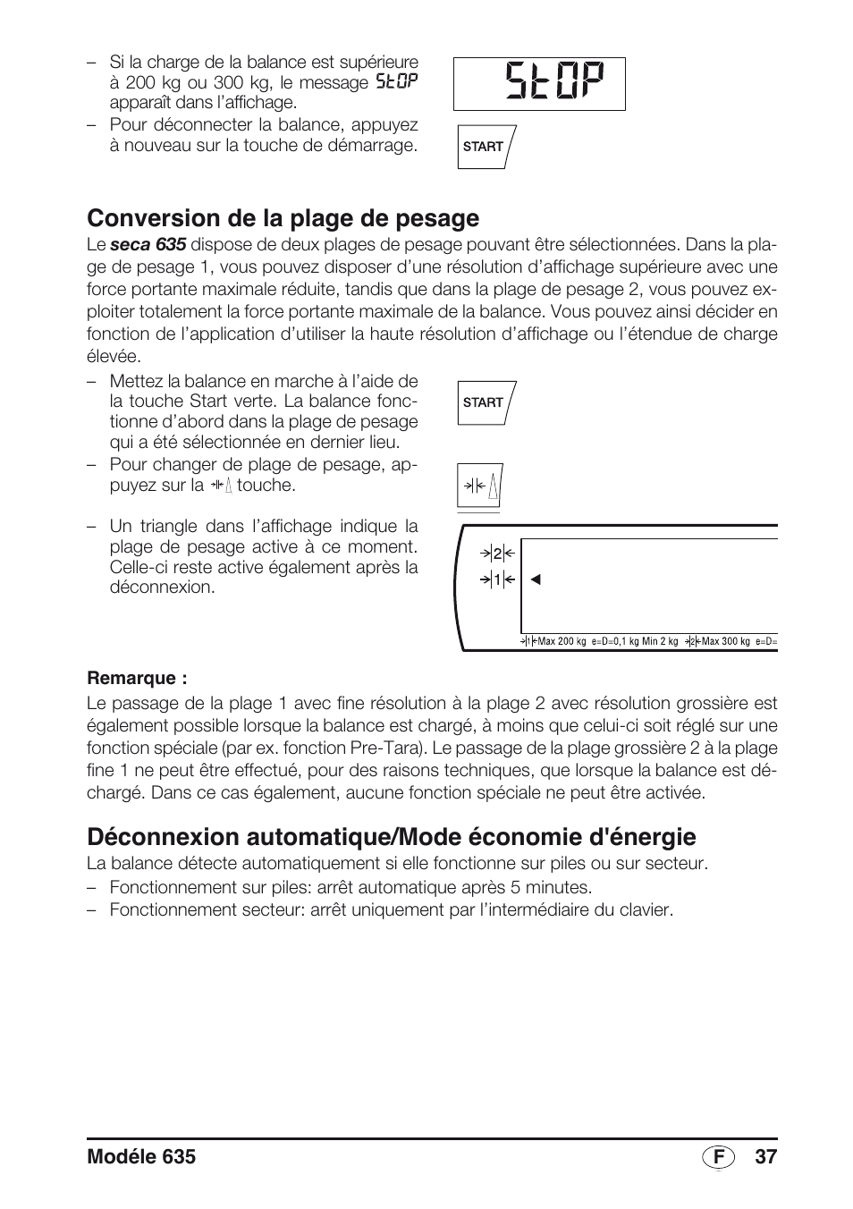 Conversion de la plage de pesage, Déconnexion automatique/mode économie d'énergie | Seca 635 User Manual | Page 37 / 188