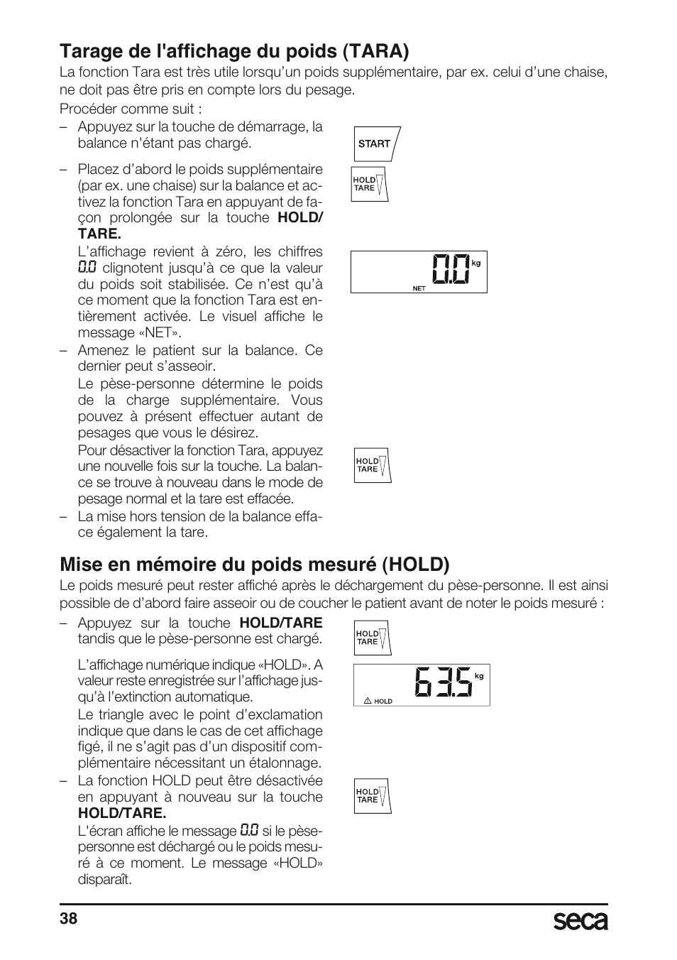 Tarage de l'affichage du poids (tara), Mise en mémoire du poids mesuré (hold) | Seca 635 User Manual | Page 38 / 188