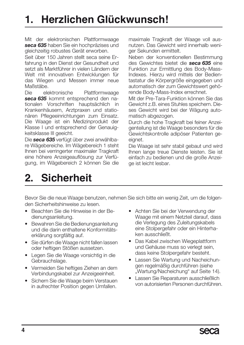 Herzlichen glückwunsch, Sicherheit | Seca 635 User Manual | Page 4 / 188
