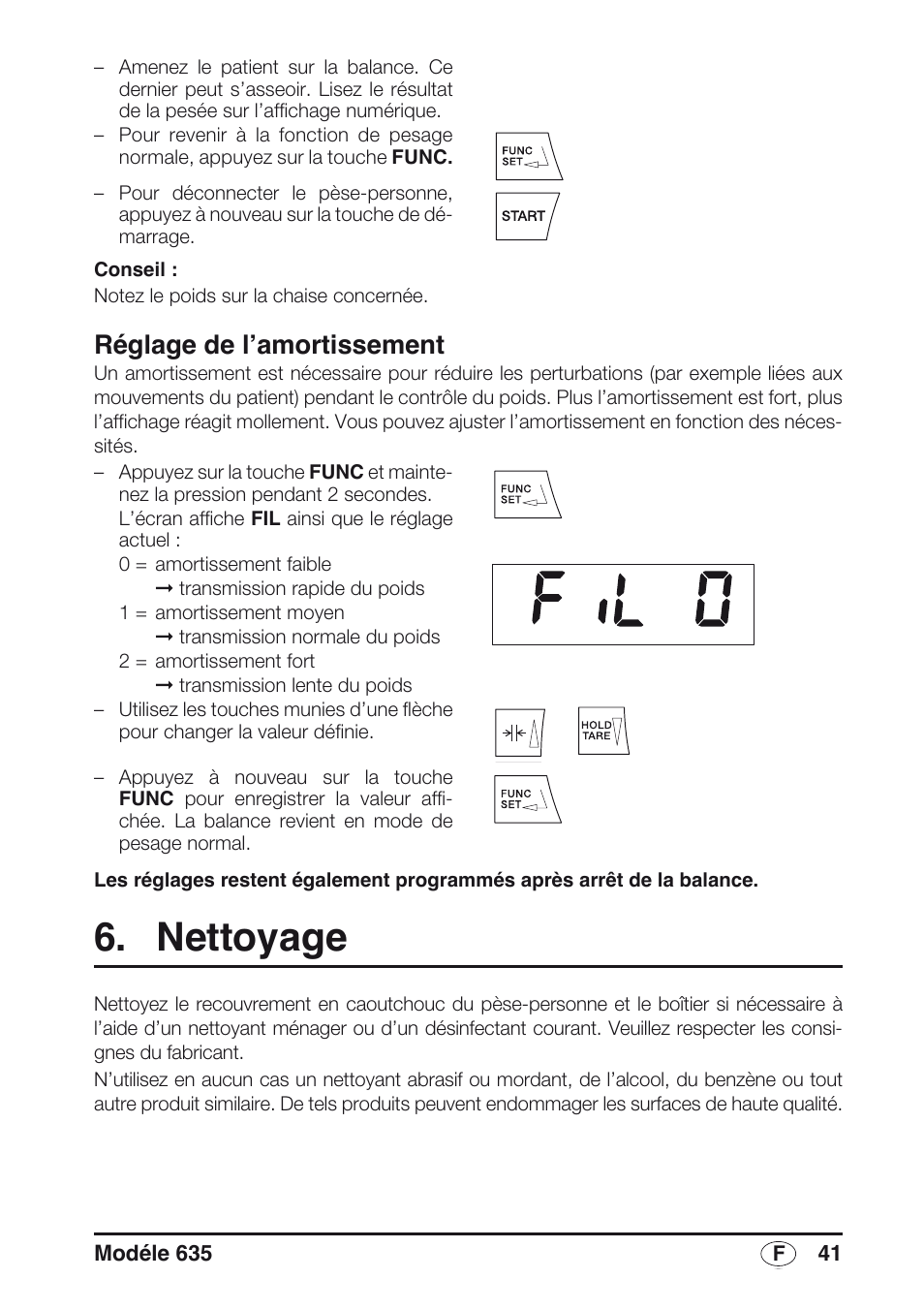 Réglage de l’amortissement, Nettoyage | Seca 635 User Manual | Page 41 / 188