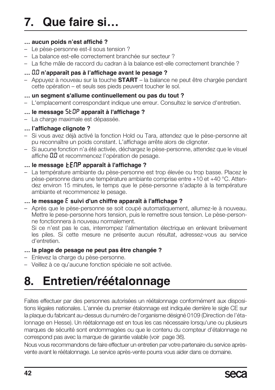 Que faire si, Entretien/réétalonnage | Seca 635 User Manual | Page 42 / 188