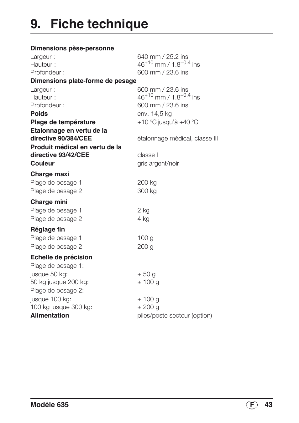 Fiche technique | Seca 635 User Manual | Page 43 / 188