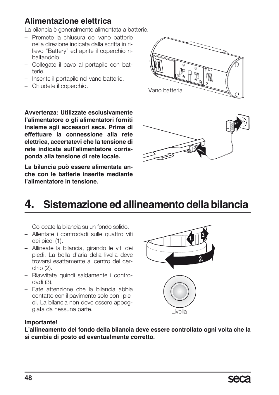 Sistemazione ed allineamento della bilancia, Alimentazione elettrica, Libelle | Seca 635 User Manual | Page 48 / 188