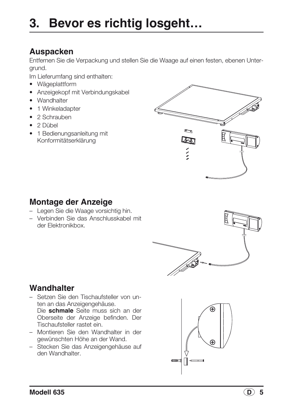 Bevor es richtig losgeht, Auspacken, Montage der anzeige | Wandhalter | Seca 635 User Manual | Page 5 / 188