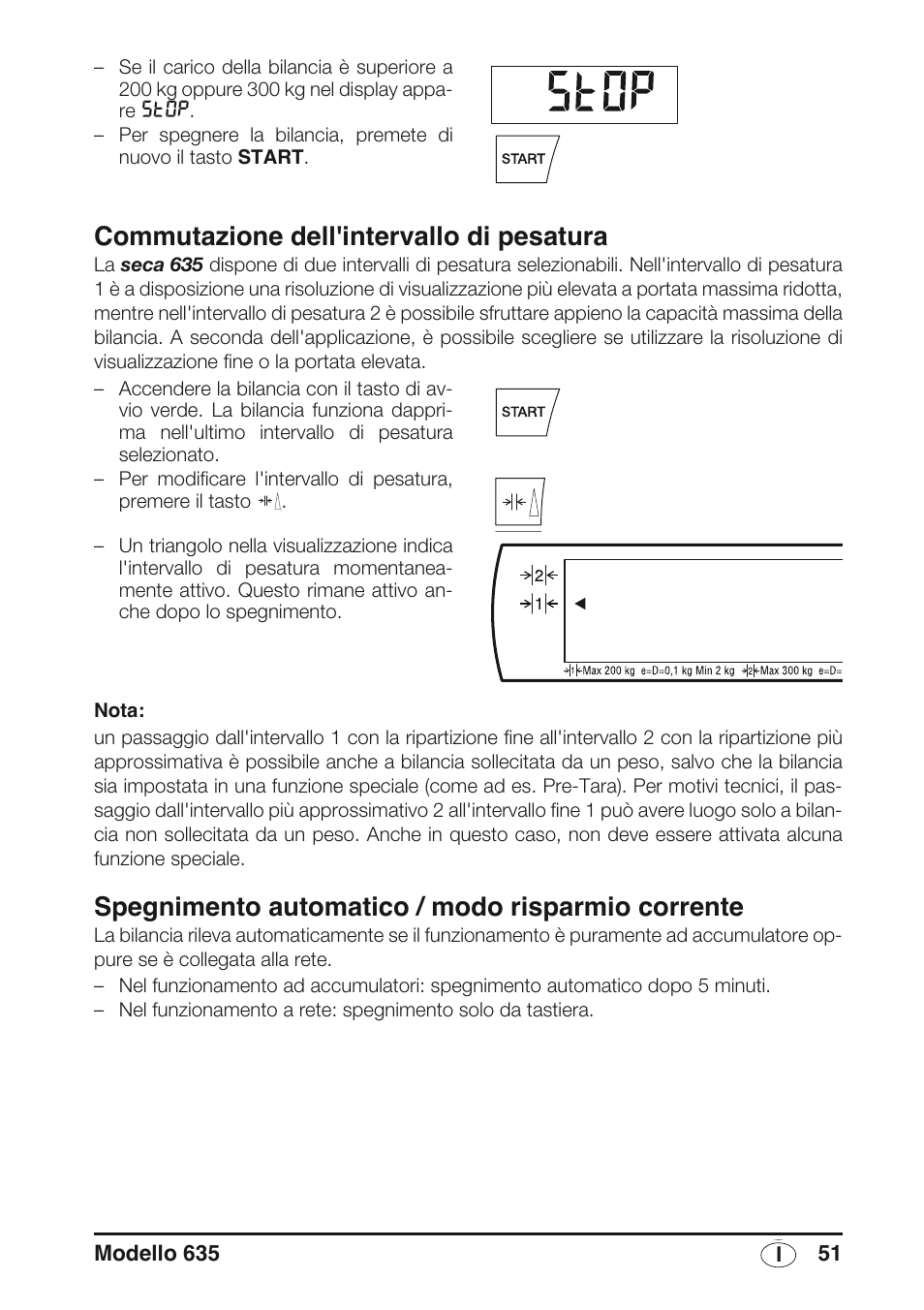 Commutazione dell'intervallo di pesatura, Spegnimento automatico / modo risparmio corrente | Seca 635 User Manual | Page 51 / 188