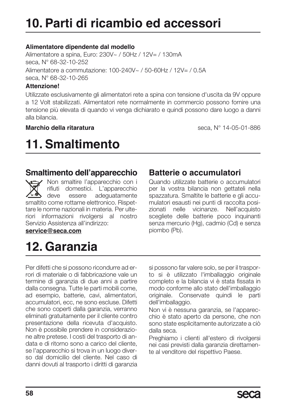 Smaltimento, Batterie, Garanzia | Parti di ricambio ed accessori, Smaltimento dell’apparecchio, Batterie o accumulatori | Seca 635 User Manual | Page 58 / 188