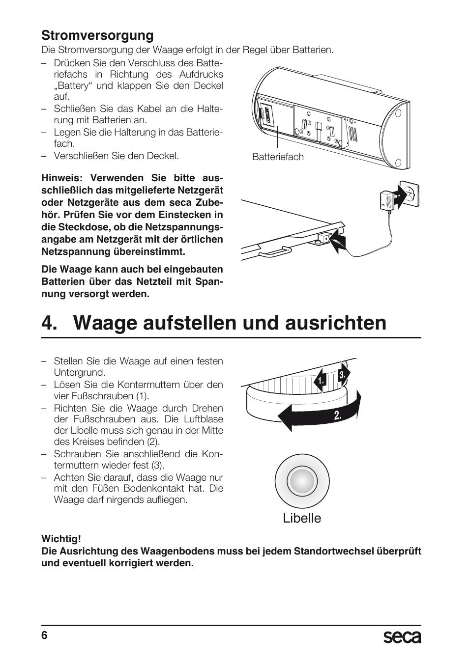 Waage aufstellen und ausrichten, Stromversorgung, Libelle | Seca 635 User Manual | Page 6 / 188
