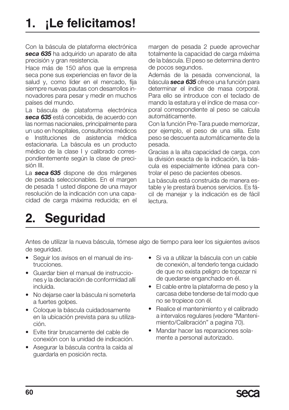 ¡le felicitamos, Seguridad | Seca 635 User Manual | Page 60 / 188