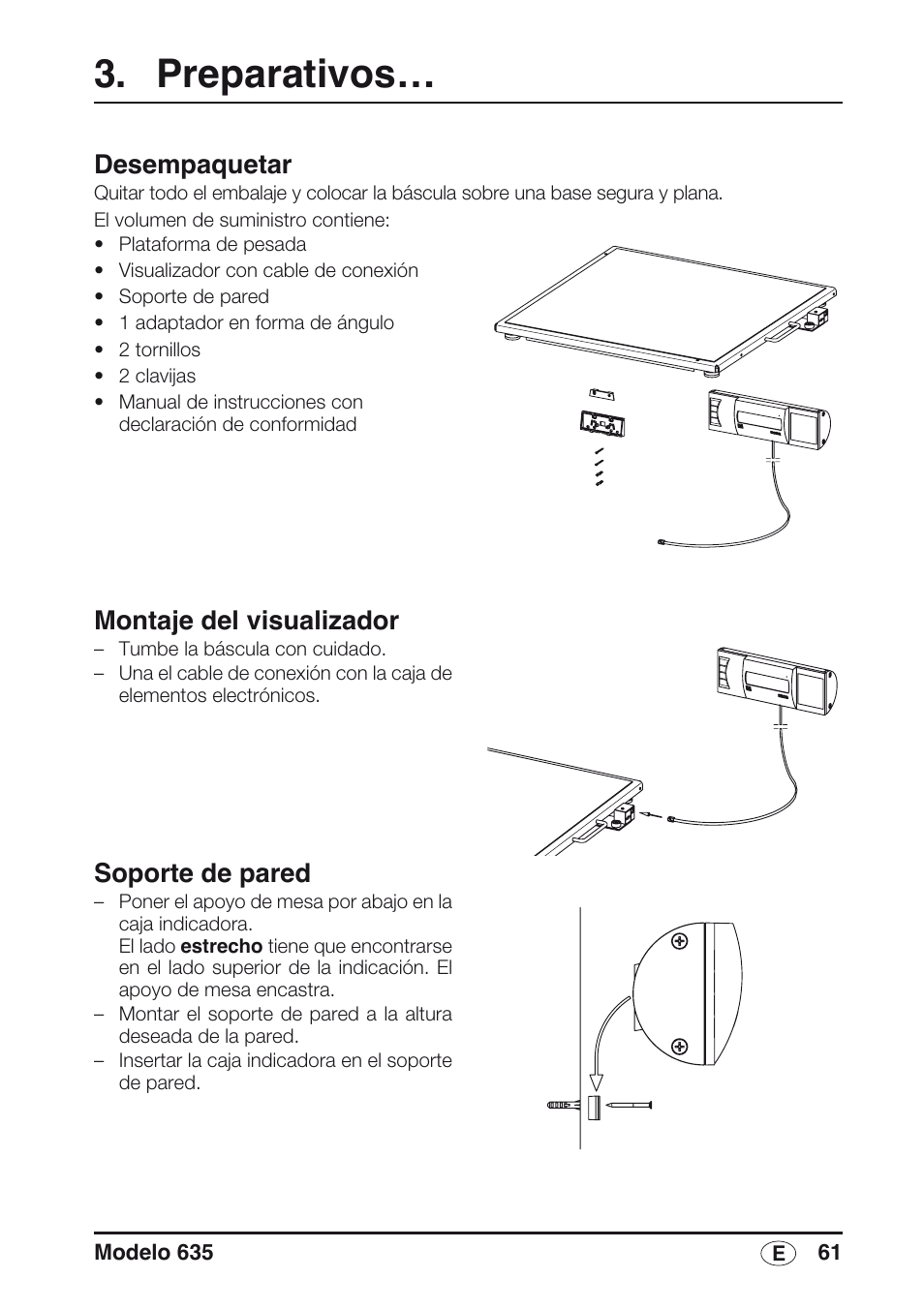 Preparativos, Desempaquetar, Montaje del visualizador | Soporte de pared | Seca 635 User Manual | Page 61 / 188
