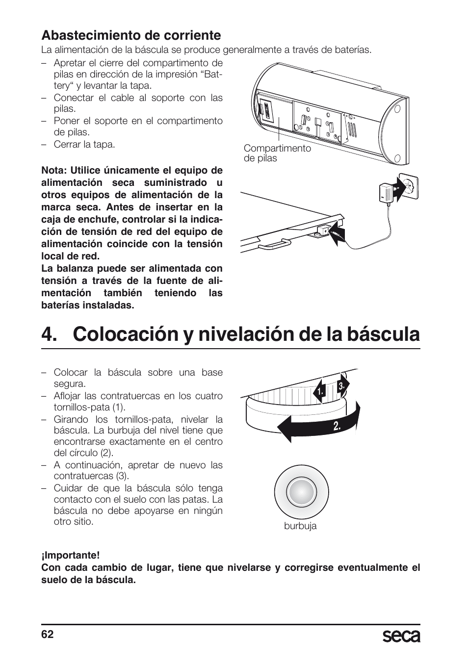 Colocación y nivelación de la báscula, Abastecimiento de corriente, Libelle | Seca 635 User Manual | Page 62 / 188