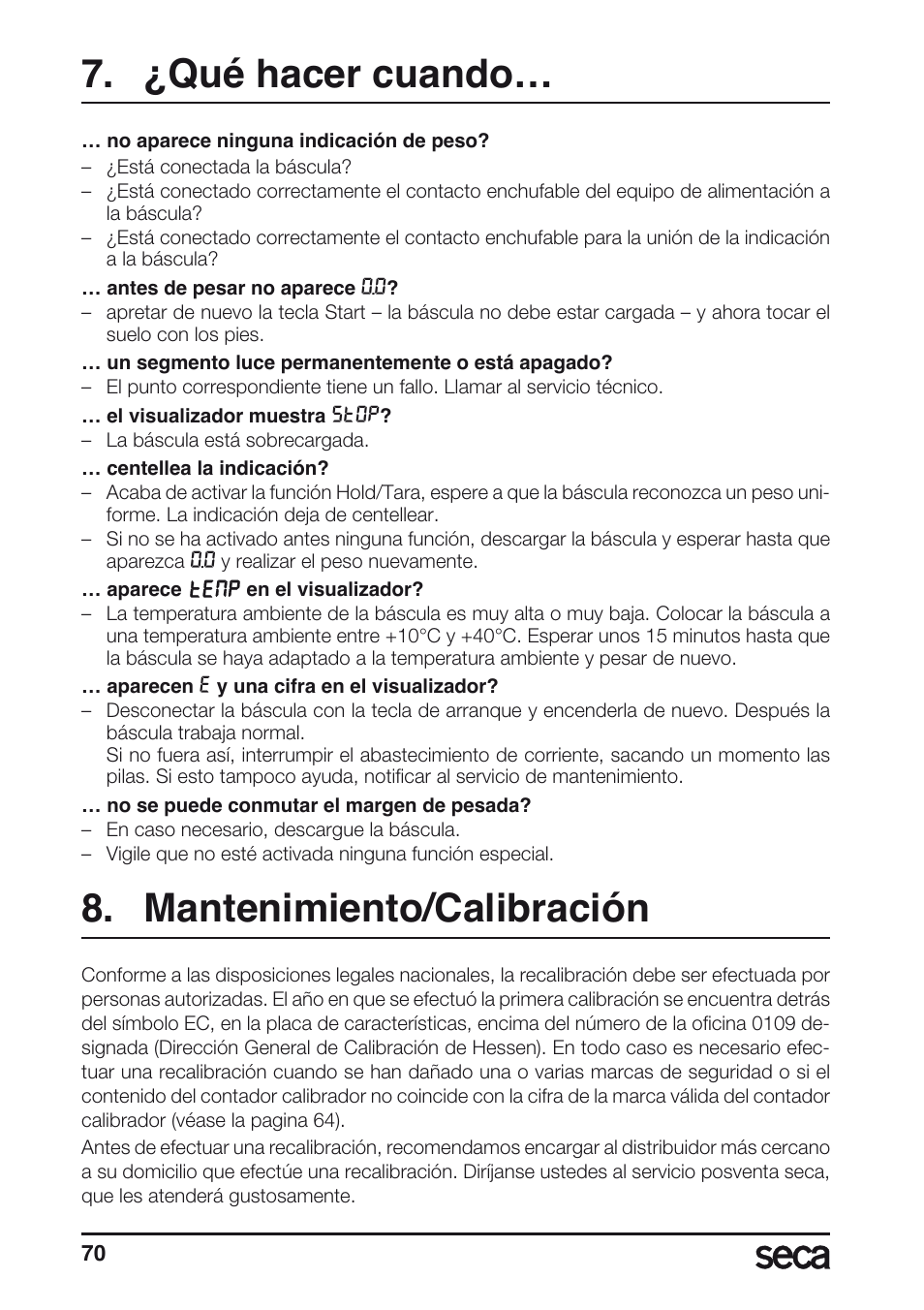 ¿qué hacer cuando, Mantenimiento/calibración | Seca 635 User Manual | Page 70 / 188