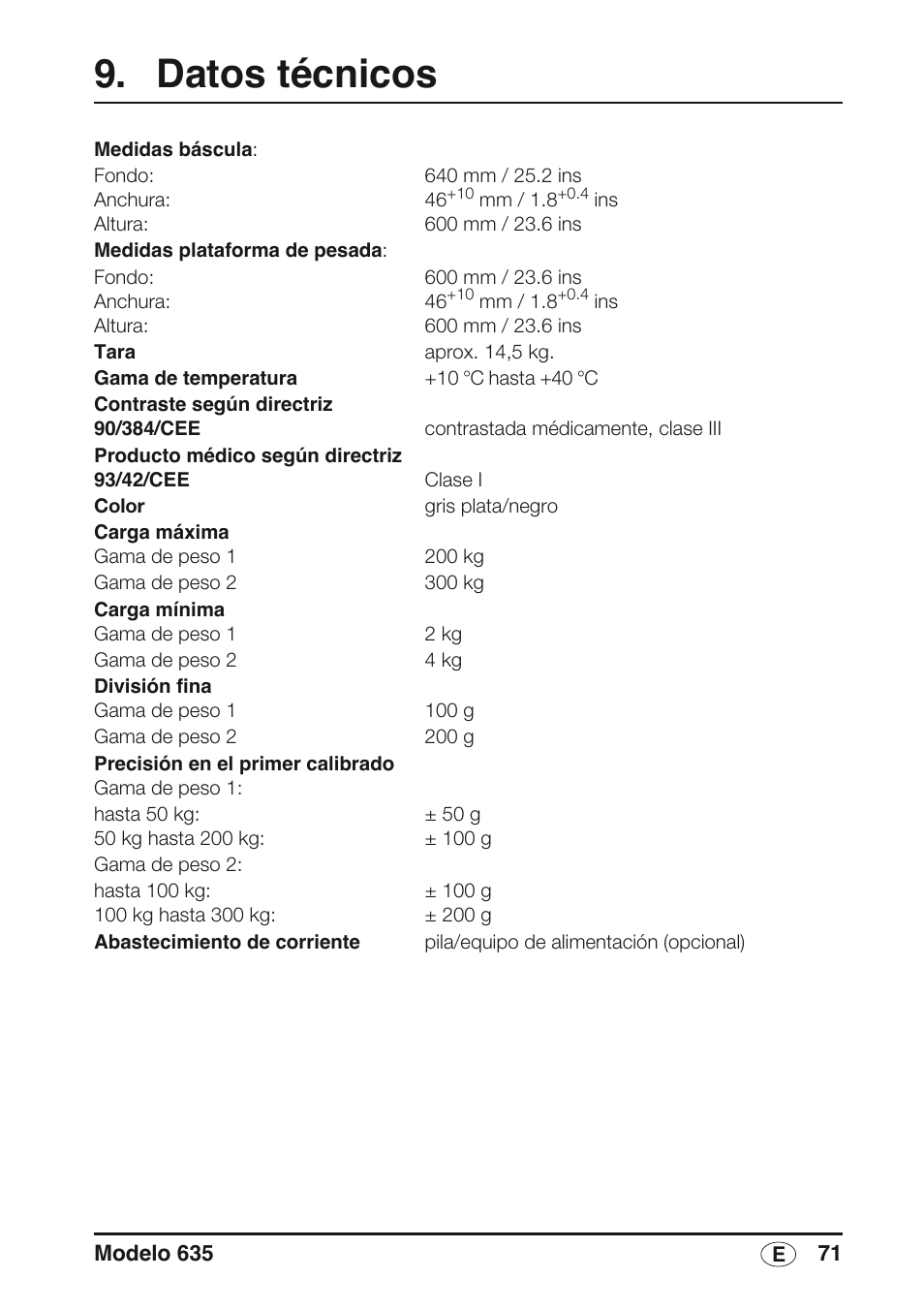 Datos técnicos | Seca 635 User Manual | Page 71 / 188