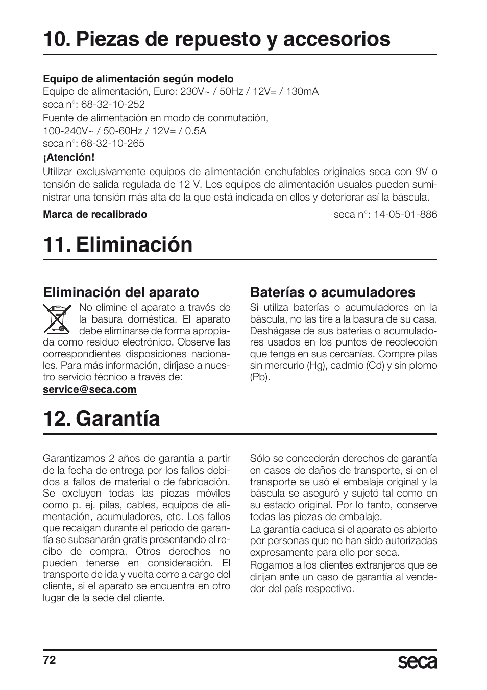 Eliminación, Pilas, Garantía | Piezas de repuesto y accesorios, Eliminación del aparato, Baterías o acumuladores | Seca 635 User Manual | Page 72 / 188