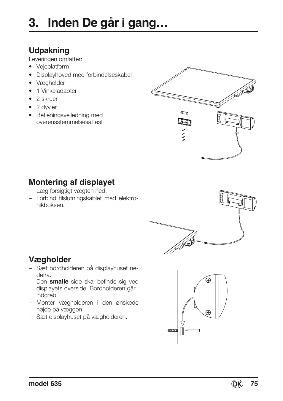 Inden de går i gang, Udpakning, Montering af displayet | Vægholder | Seca 635 User Manual | Page 75 / 188