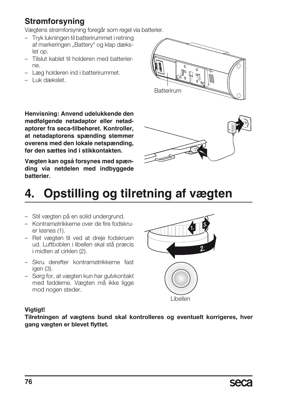 Opstilling og tilretning af vægten, Strømforsyning, Libelle | Seca 635 User Manual | Page 76 / 188
