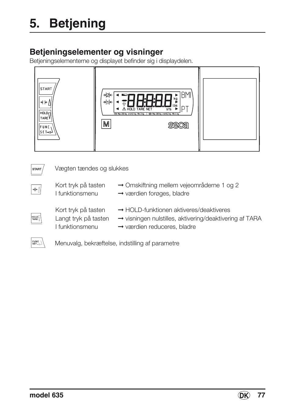 Betjening, Betjeningselementer og visninger | Seca 635 User Manual | Page 77 / 188