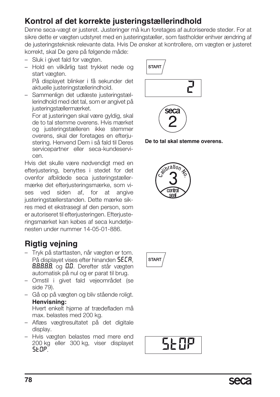 Kontrol af det korrekte justeringstællerindhold, Rigtig vejning | Seca 635 User Manual | Page 78 / 188