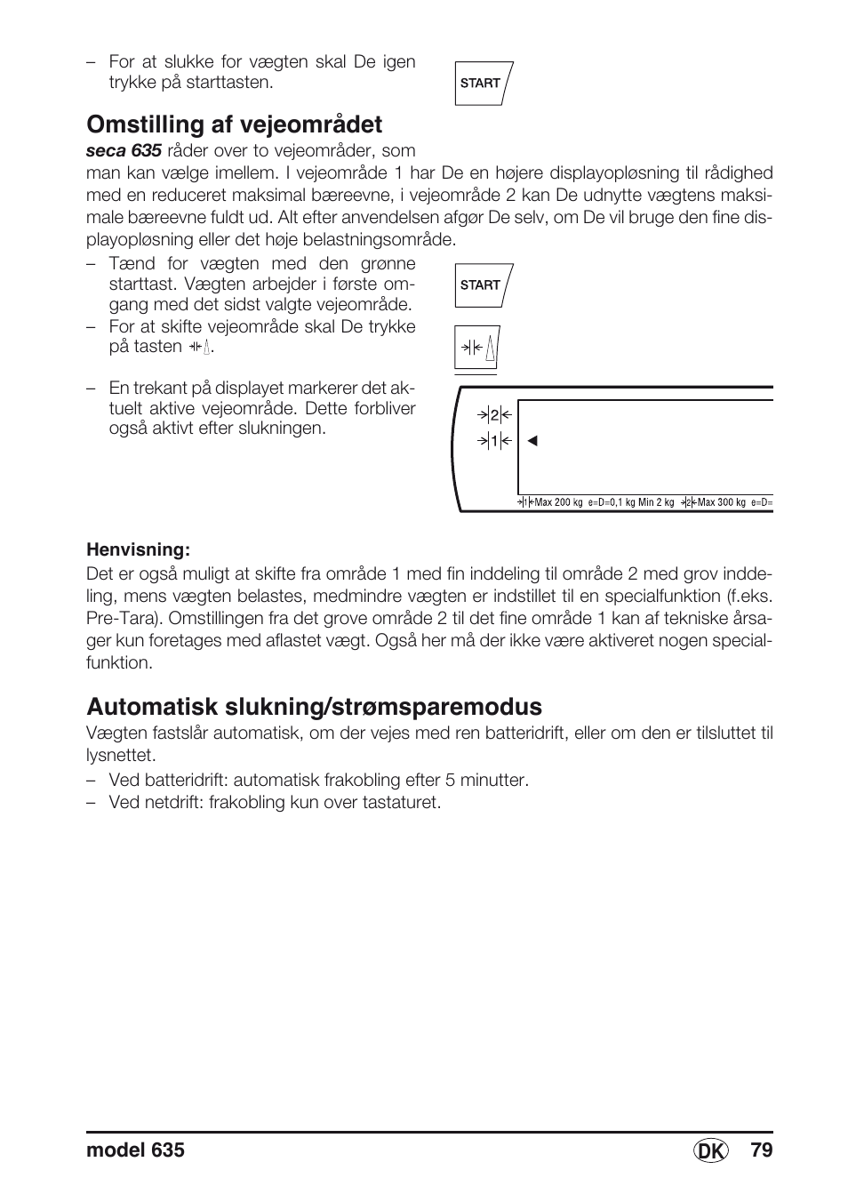 Omstilling af vejeområdet, Automatisk slukning/strømsparemodus | Seca 635 User Manual | Page 79 / 188