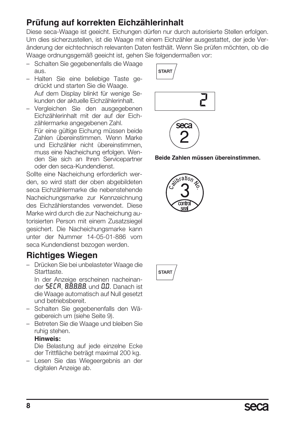 Prüfung auf korrekten eichzählerinhalt, Richtiges wiegen | Seca 635 User Manual | Page 8 / 188
