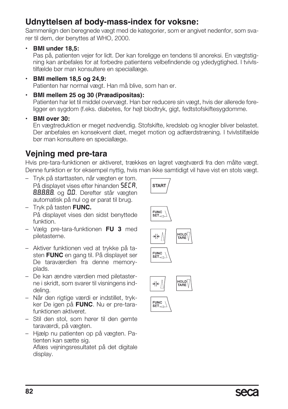 Udnyttelsen af body-mass-index for voksne, Vejning med pre-tara | Seca 635 User Manual | Page 82 / 188