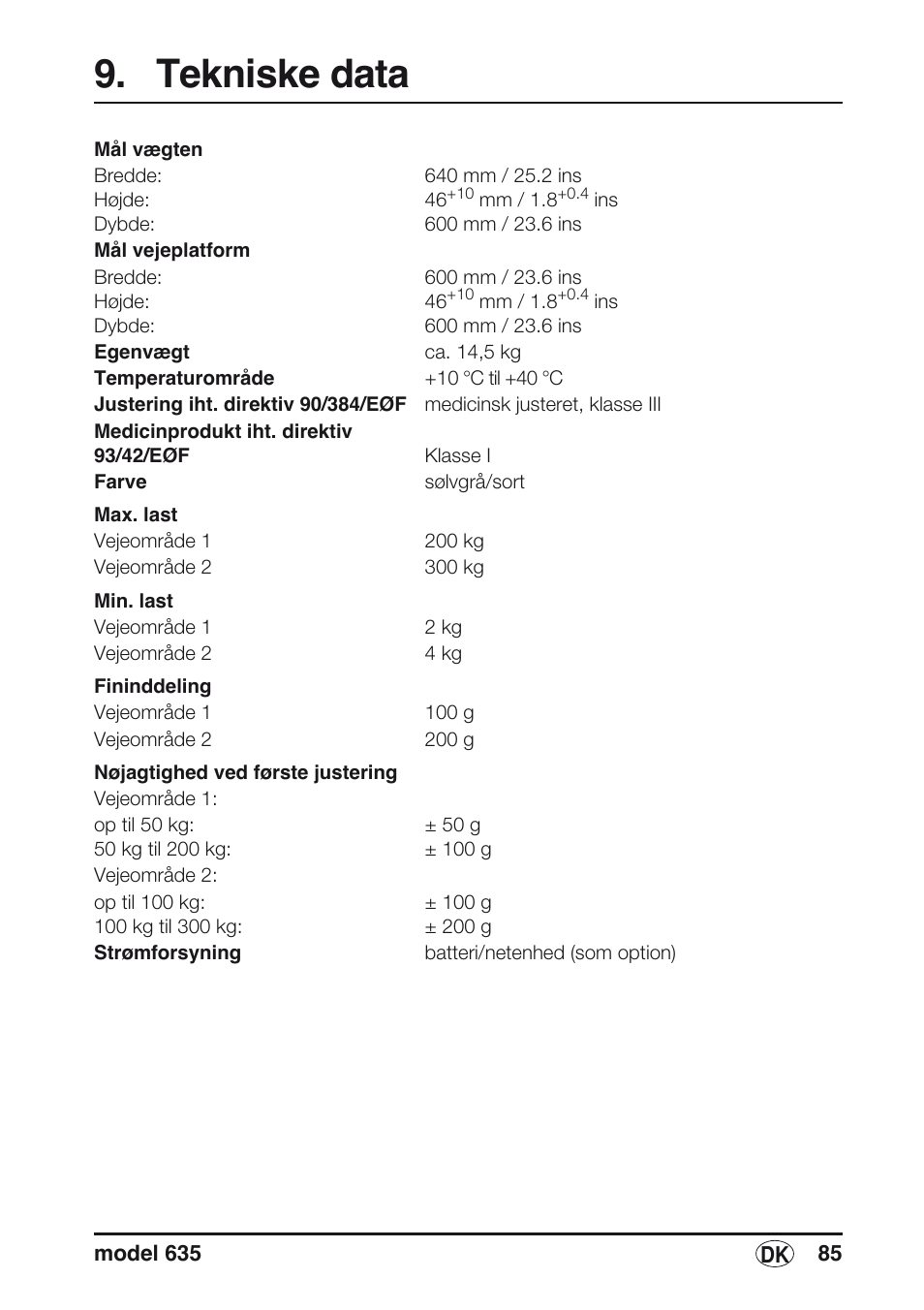Tekniske data | Seca 635 User Manual | Page 85 / 188