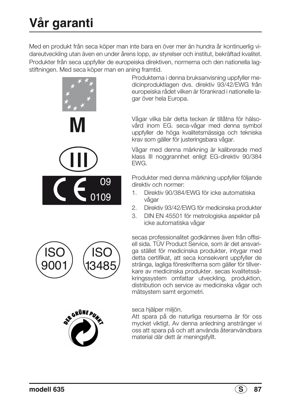 Svenska, Vår garanti | Seca 635 User Manual | Page 87 / 188