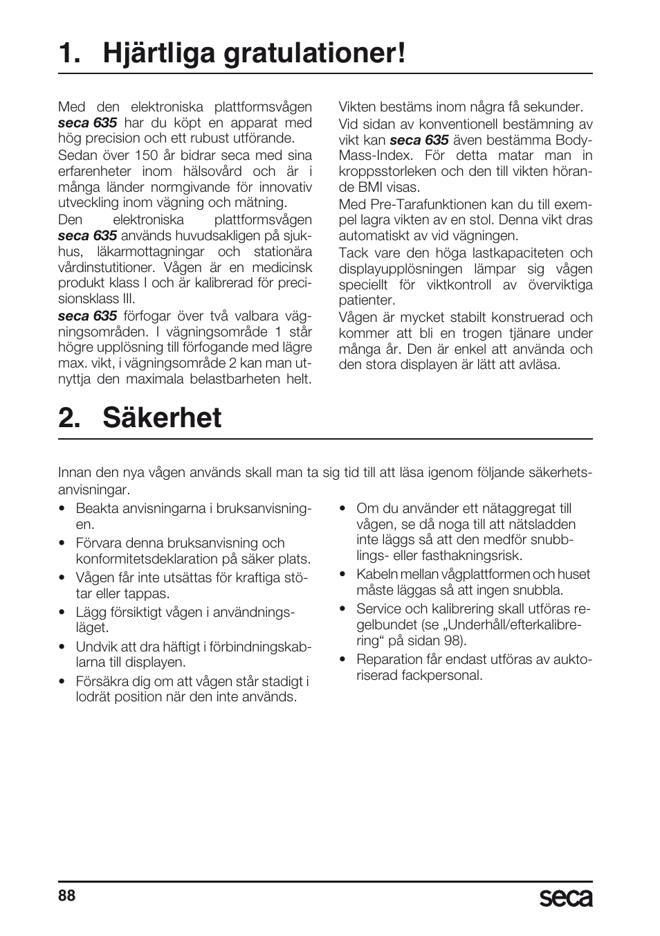 Hjärtliga gratulationer, Säkerhet | Seca 635 User Manual | Page 88 / 188
