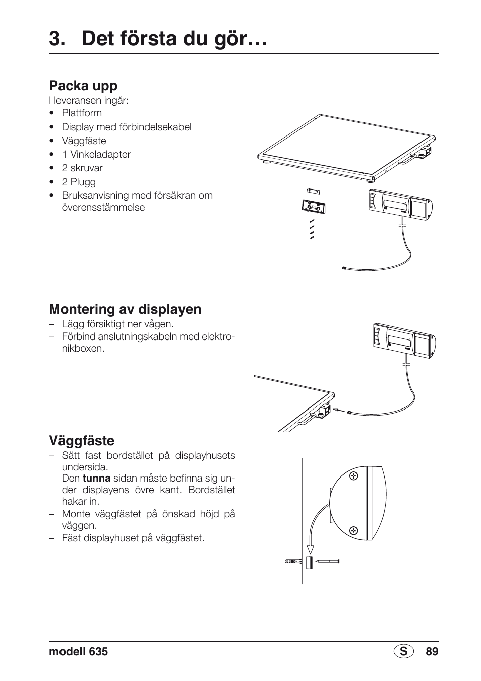 Det första du gör, Packa upp, Montering av displayen | Väggfäste | Seca 635 User Manual | Page 89 / 188