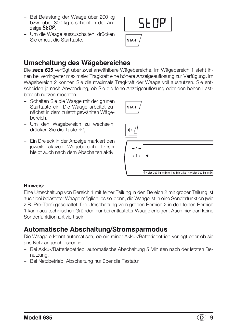 Umschaltung des wägebereiches, Automatische abschaltung/stromsparmodus | Seca 635 User Manual | Page 9 / 188