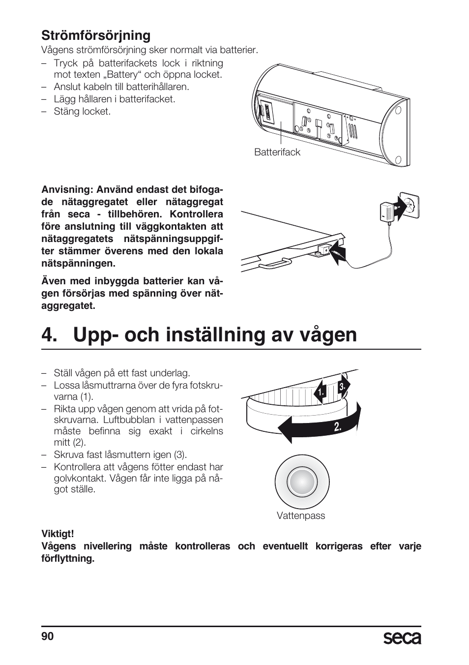 Upp- och inställning av vågen, Strömförsörjning, Libelle | Seca 635 User Manual | Page 90 / 188