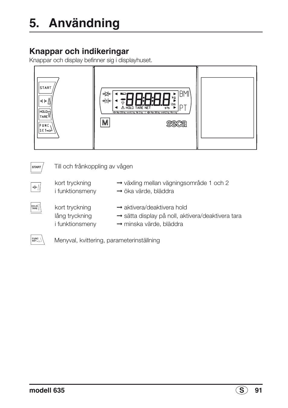 Användning, Knappar och indikeringar | Seca 635 User Manual | Page 91 / 188