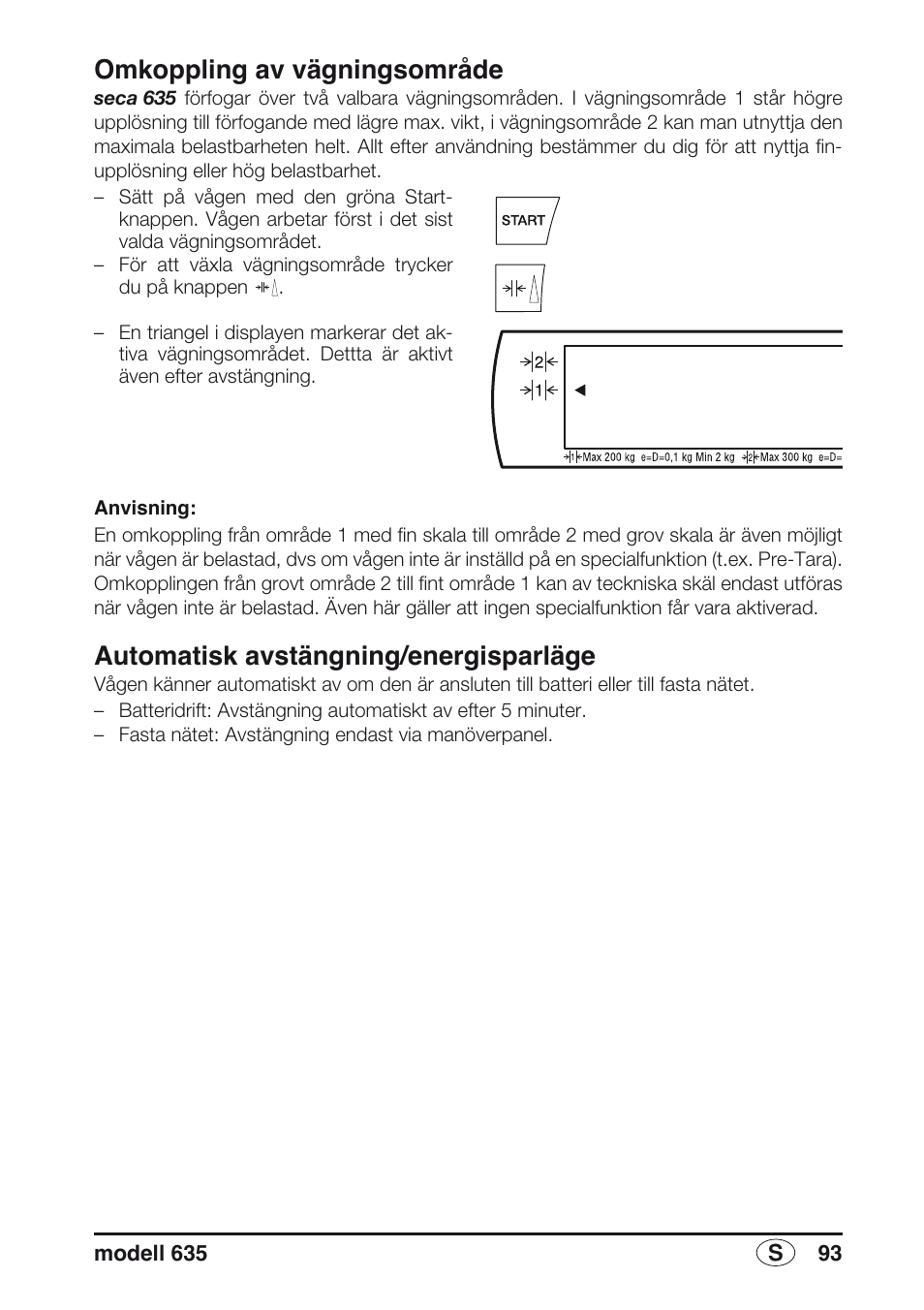 Omkoppling av vägningsområde, Automatisk avstängning/energisparläge | Seca 635 User Manual | Page 93 / 188