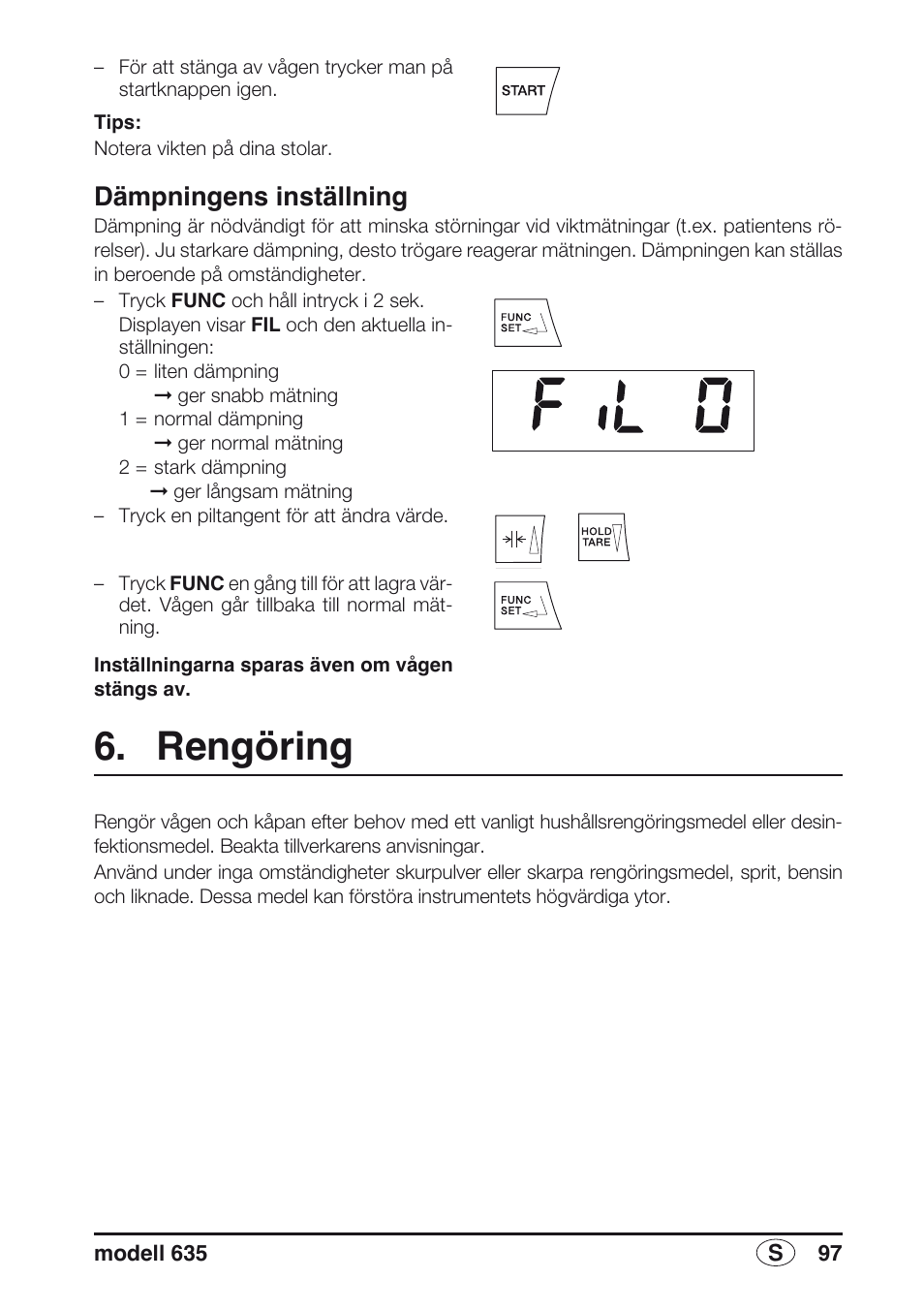 Dämpningens inställning, Rengöring | Seca 635 User Manual | Page 97 / 188