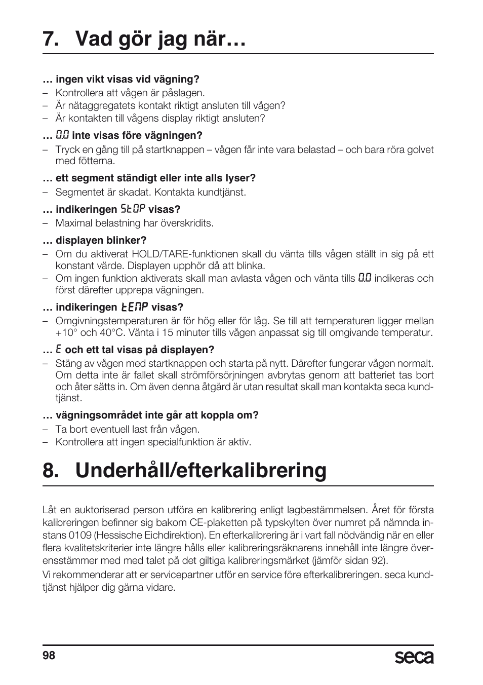Vad gör jag när, Underhåll/efterkalibrering | Seca 635 User Manual | Page 98 / 188