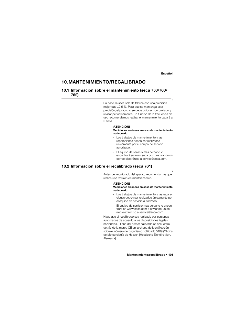 Mantenimiento/recalibrado, 2 información sobre el recalibrado (seca 761) | Seca 762 User Manual | Page 101 / 155