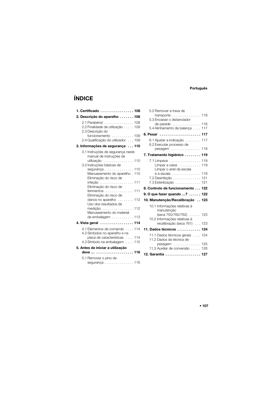 Português, Índice | Seca 762 User Manual | Page 107 / 155