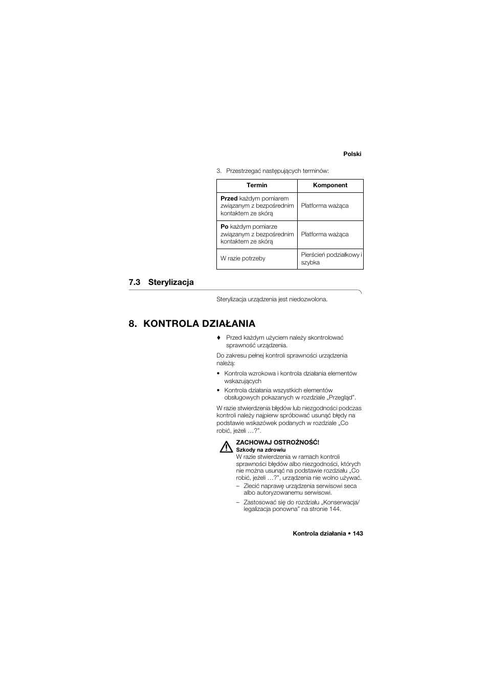 3 sterylizacja, Kontrola działania | Seca 762 User Manual | Page 143 / 155