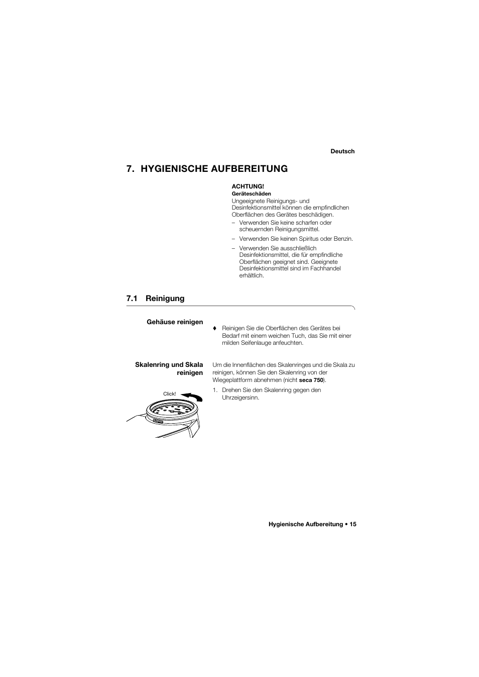 Hygienische aufbereitung, 1 reinigung, Gehäuse reinigen | Skalenring und skala reinigen | Seca 762 User Manual | Page 15 / 155