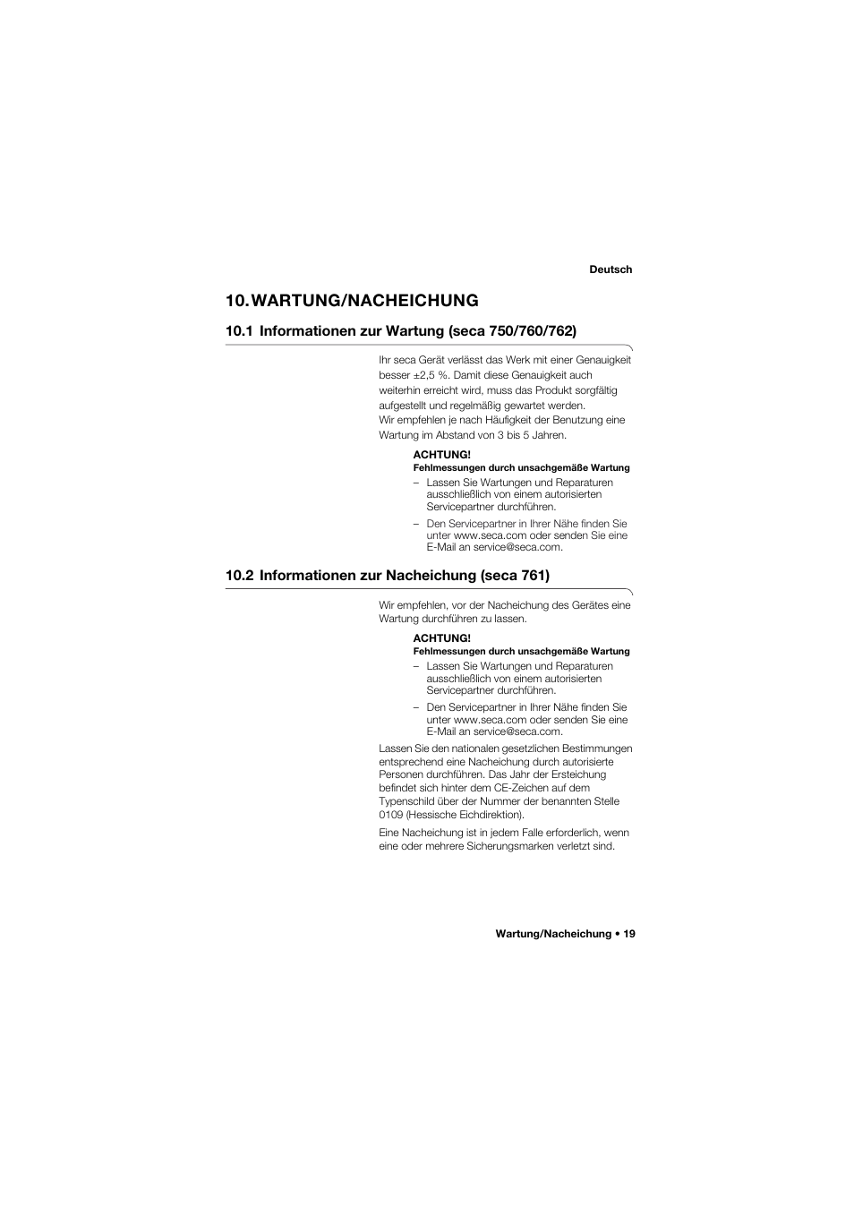 Wartung/nacheichung, 1 informationen zur wartung (seca 750/760/762), 2 informationen zur nacheichung (seca 761) | Seca 762 User Manual | Page 19 / 155