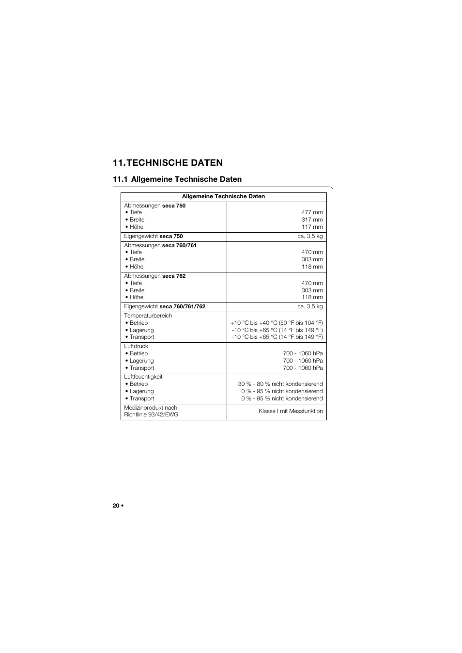 Technische daten, 1 allgemeine technische daten | Seca 762 User Manual | Page 20 / 155