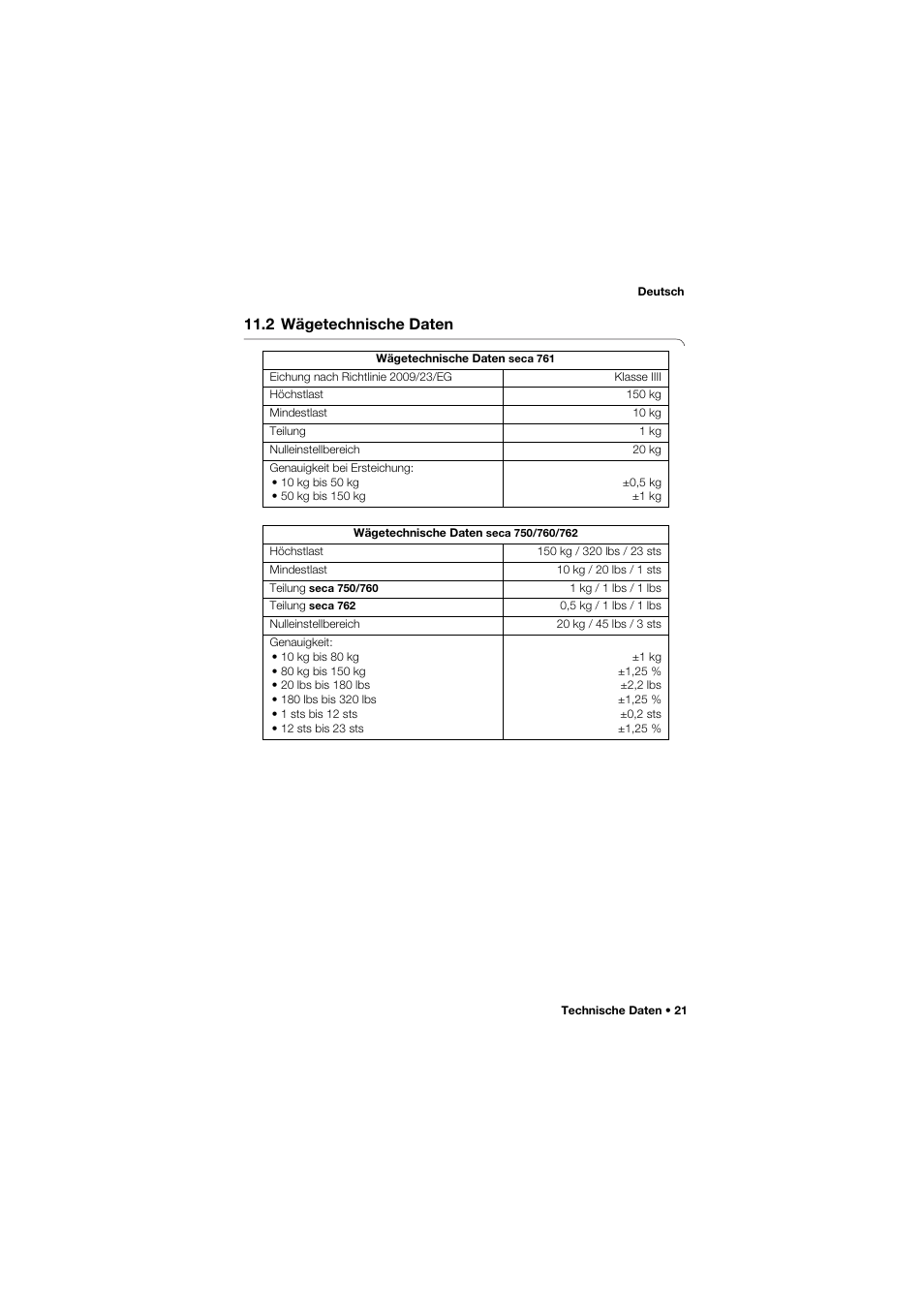 2 wägetechnische daten | Seca 762 User Manual | Page 21 / 155