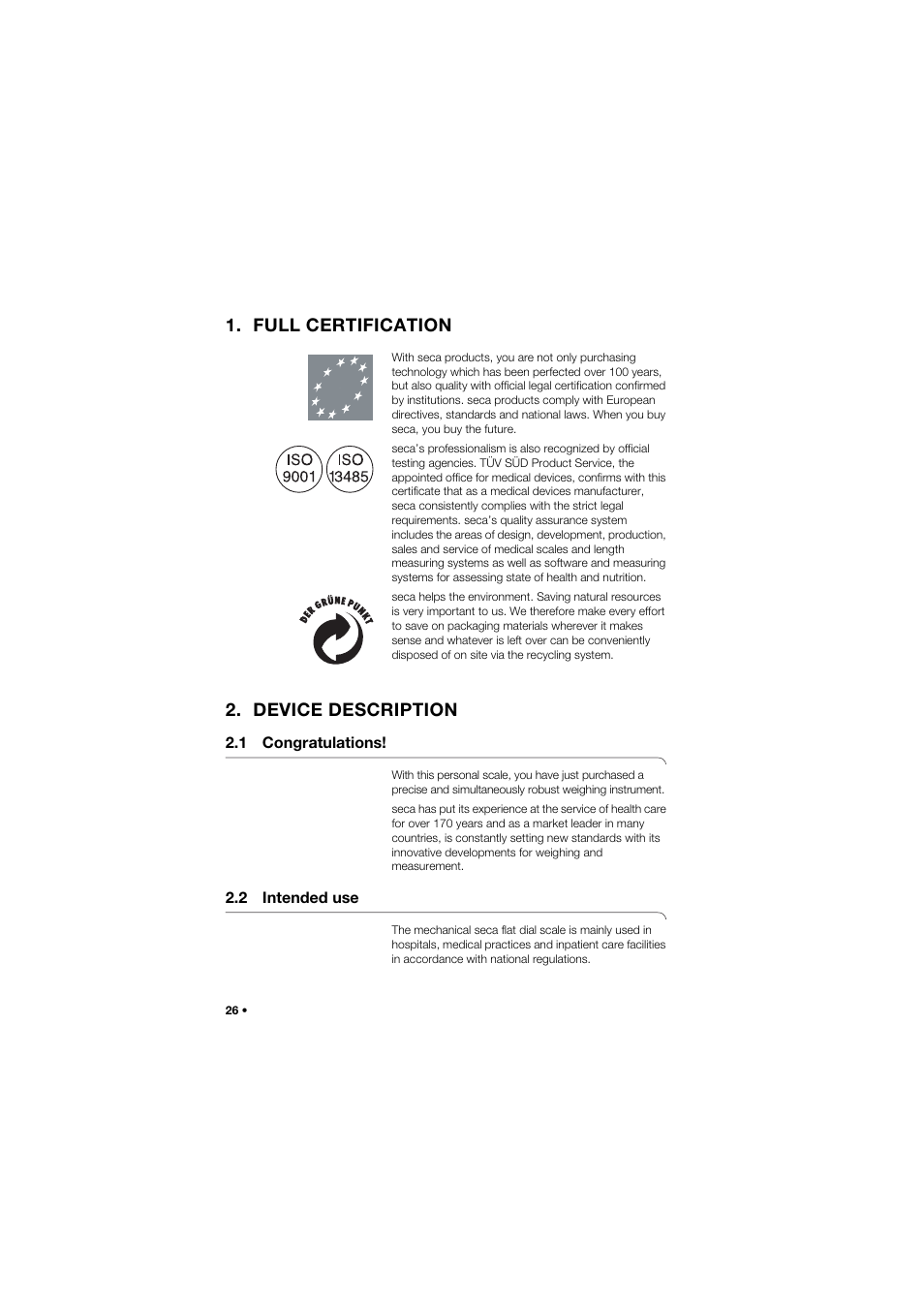 Full certification, Device description, 1 congratulations | 2 intended use | Seca 762 User Manual | Page 26 / 155