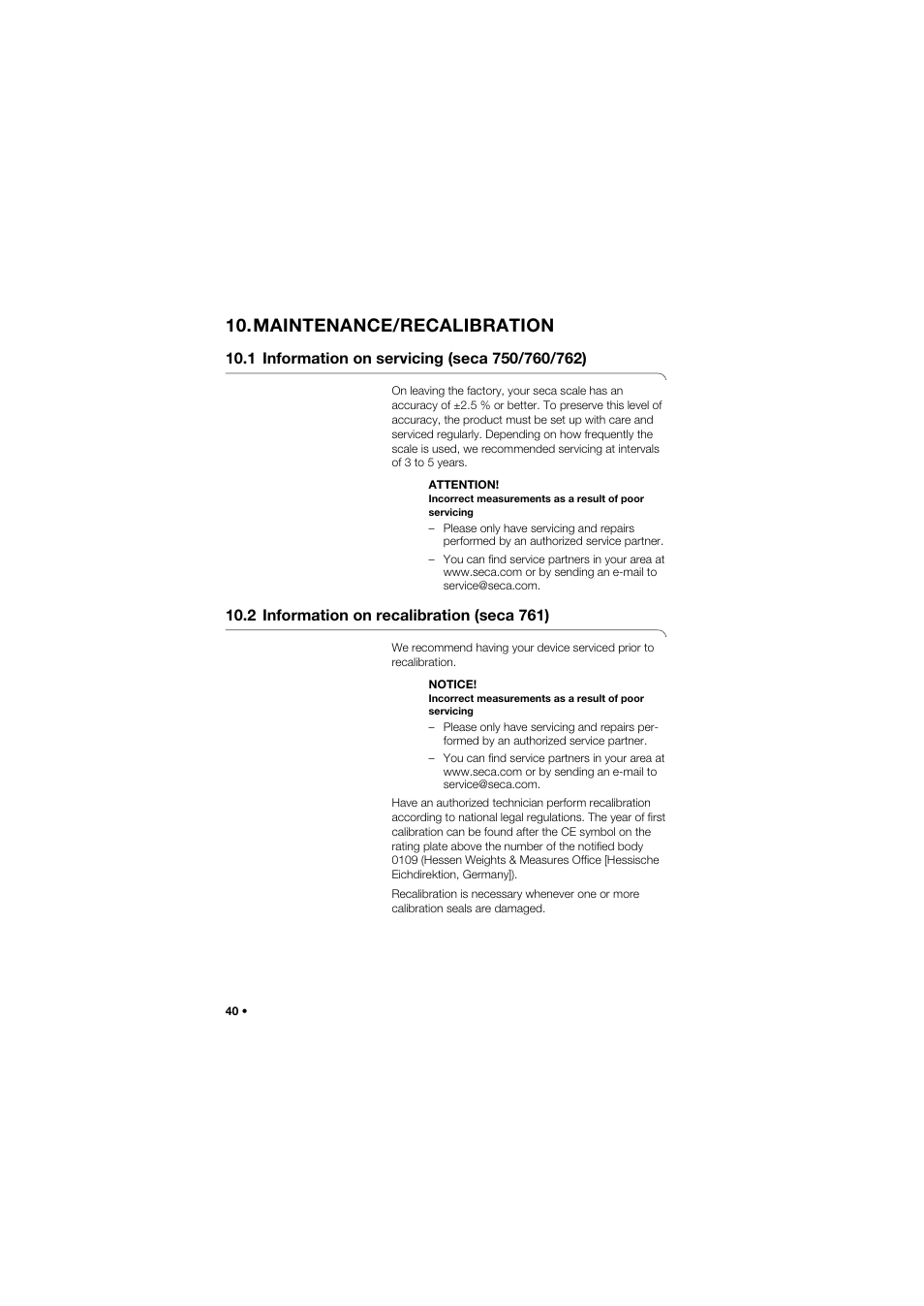 Maintenance/recalibration, 1 information on servicing (seca 750/760/762), 2 information on recalibration (seca 761) | Seca 762 User Manual | Page 40 / 155