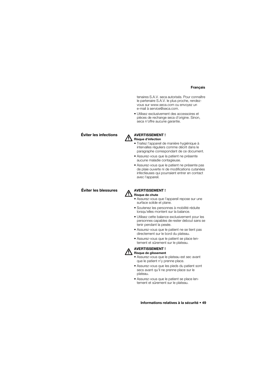 Éviter les infections, Éviter les blessures | Seca 762 User Manual | Page 49 / 155